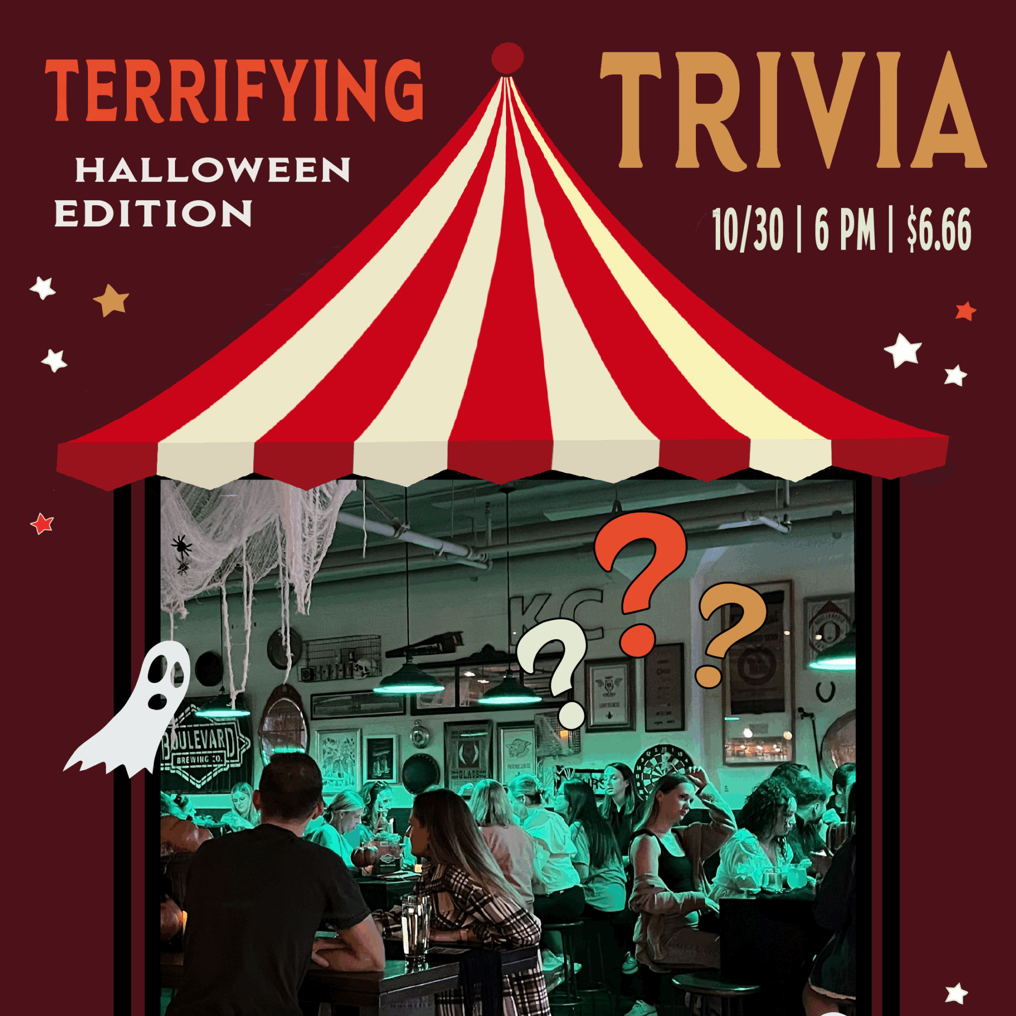 A Halloween-themed trivia night poster shows people at tables under spooky lights on Boolevard, with ghost and question mark graphics, and event details: "Terrifying Trivia, Halloween Edition, 10/30, 6PM, $6.66.