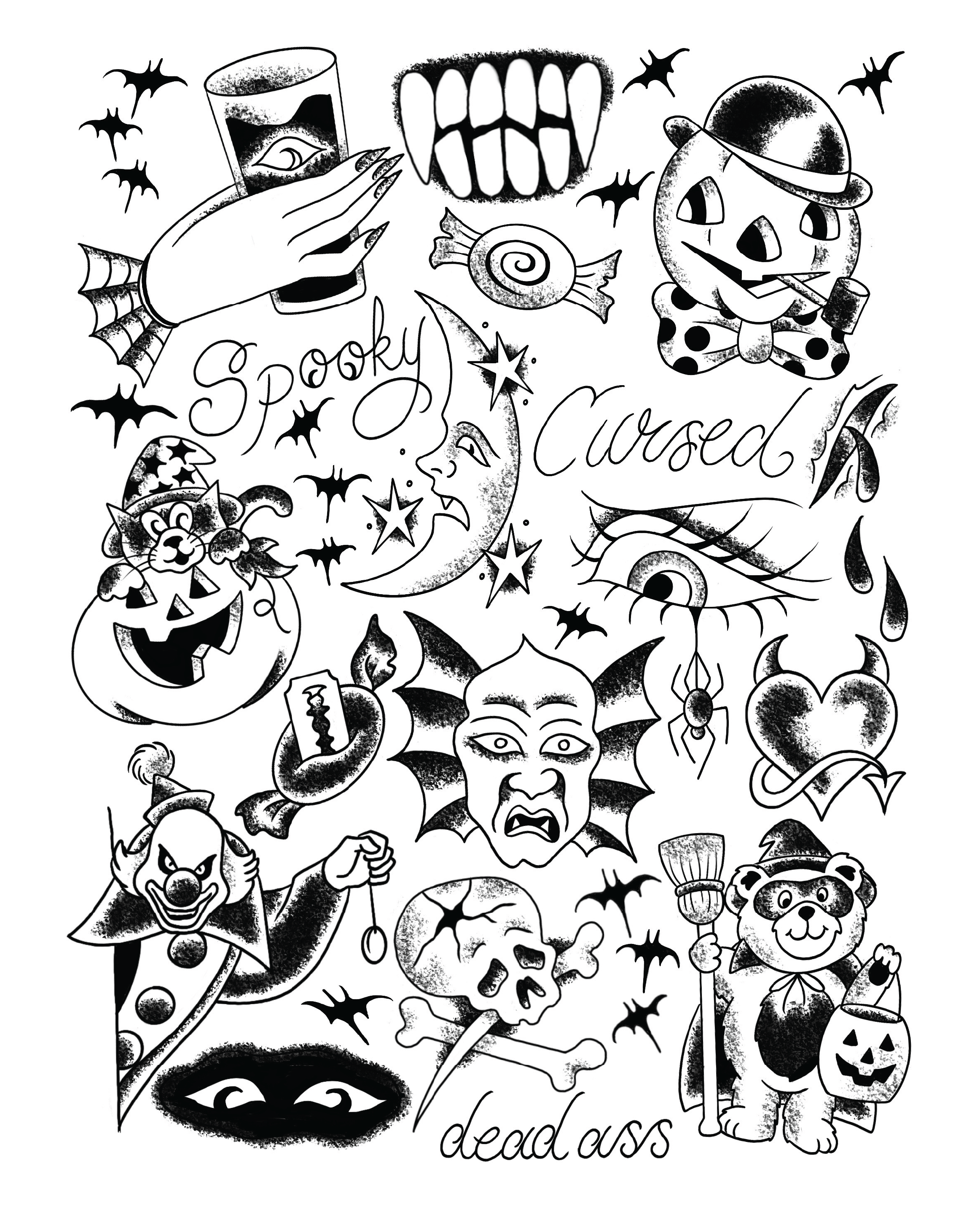 Black and white tattoo flash sheet featuring Halloween-themed designs: clowns, bats, skull, pumpkin, eyeball, moon, gothic text ("spooky", "cursed", "dead ass"), candy, bears, a bleeding heart, and a freaky friday grinning mouth.
