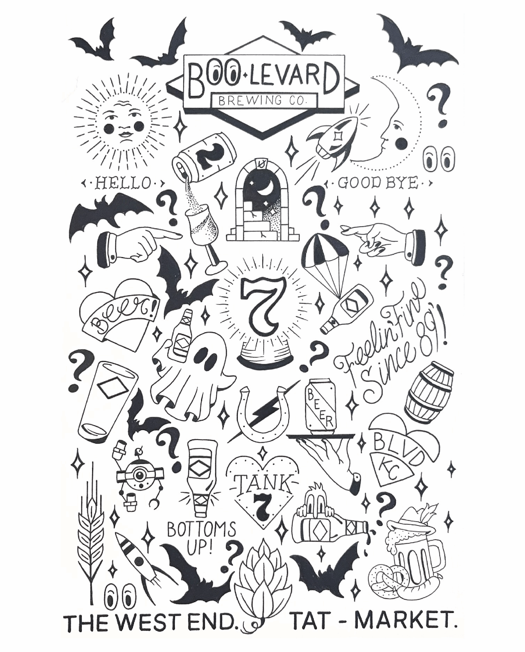 Black-and-white illustration featuring spooky Halloween-themed elements like ghosts, bats, pumpkins, a castle, and drinks, with text such as "BOO-levard Brewing Co.," "BOTTOMS UP!," "Freaky Friday," and "Feeling tipsy since '91.