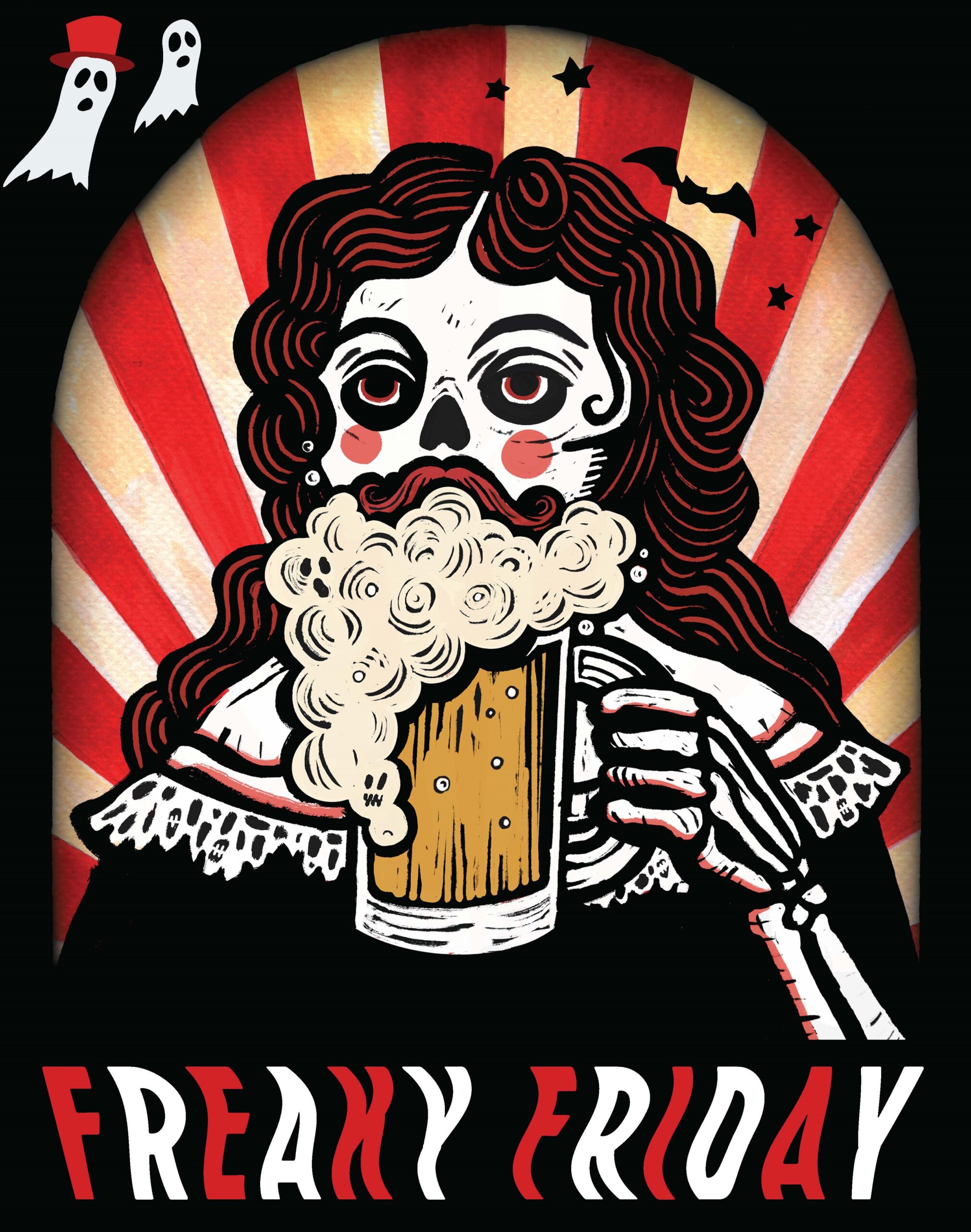 A skeleton with long hair and red cheeks drinks a frothy beer against a red and white ray background, with bats and ghosts above. "Freaky Friday" vibes come alive in bold, spooky letters at the bottom.