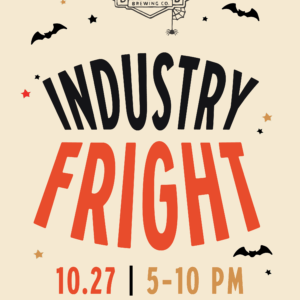 Flyer for "Industry Fright" at Boulevard Brewing Co. on October 27, 5–10 PM, with Halloween bats, stars, and the text "50% off beers & bevvies.