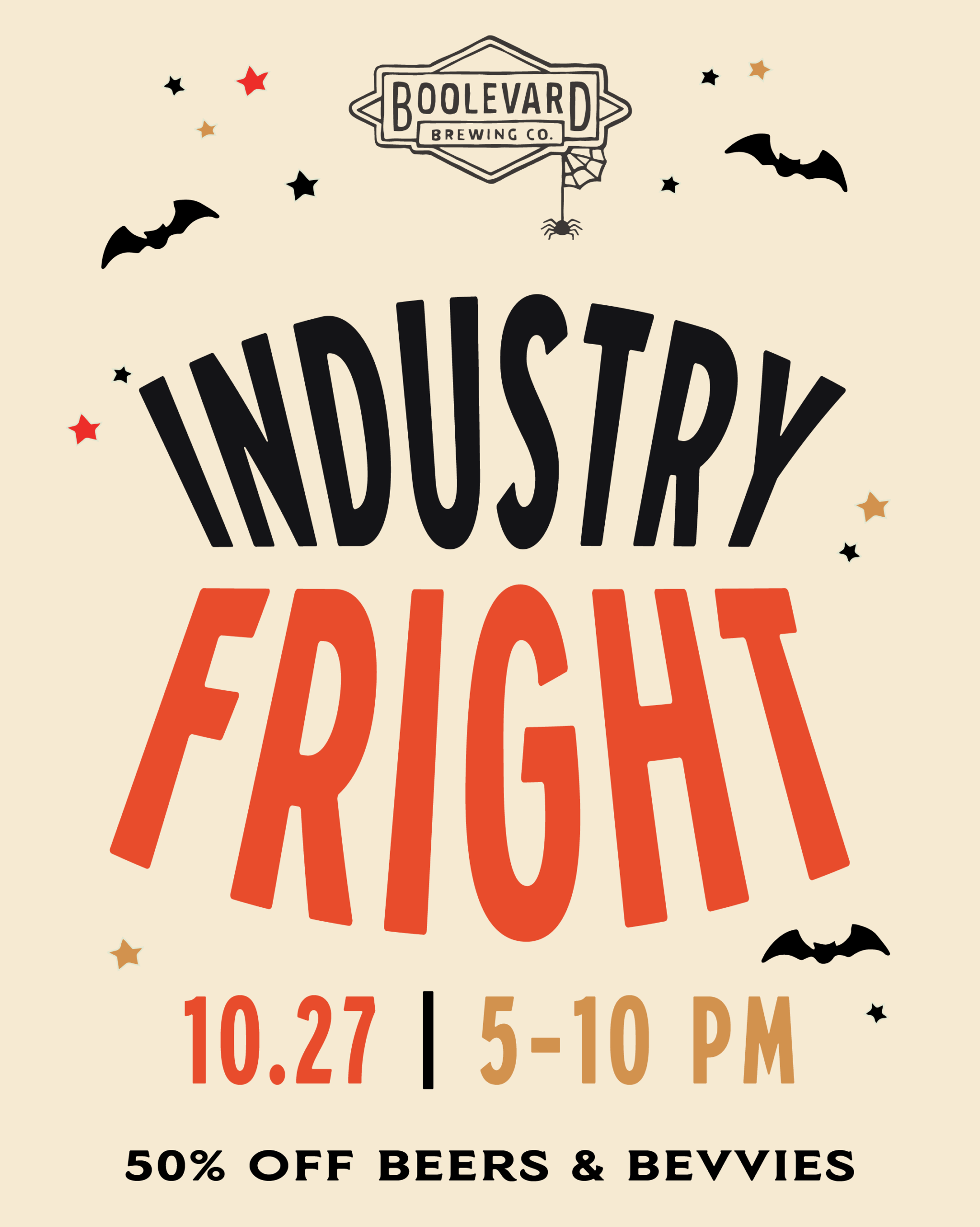 Flyer for "Industry Fright" at Boulevard Brewing Co. on October 27, 5–10 PM, with Halloween bats, stars, and the text "50% off beers & bevvies.