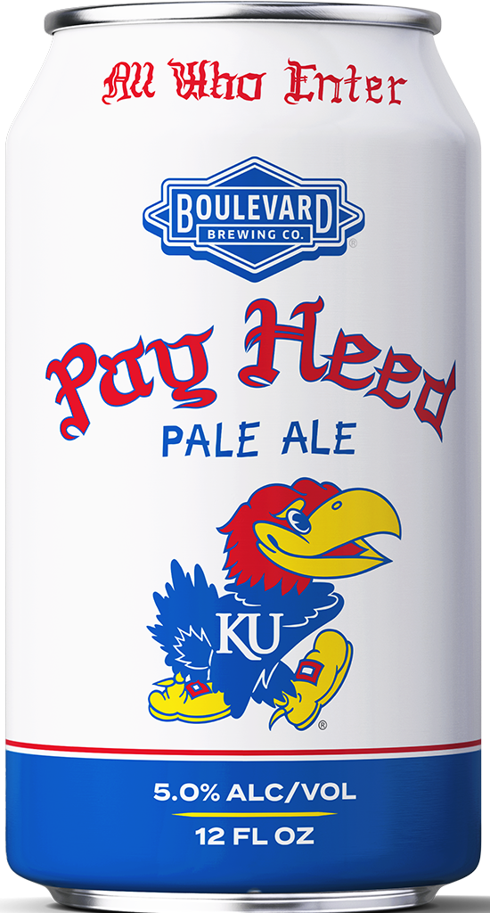 A can of Boulevard Brewing Co. Pay Heed Pale Ale, featuring the University of Kansas Jayhawk mascot, red gothic lettering, and details of 5.0% alcohol by volume and 12 fl oz.