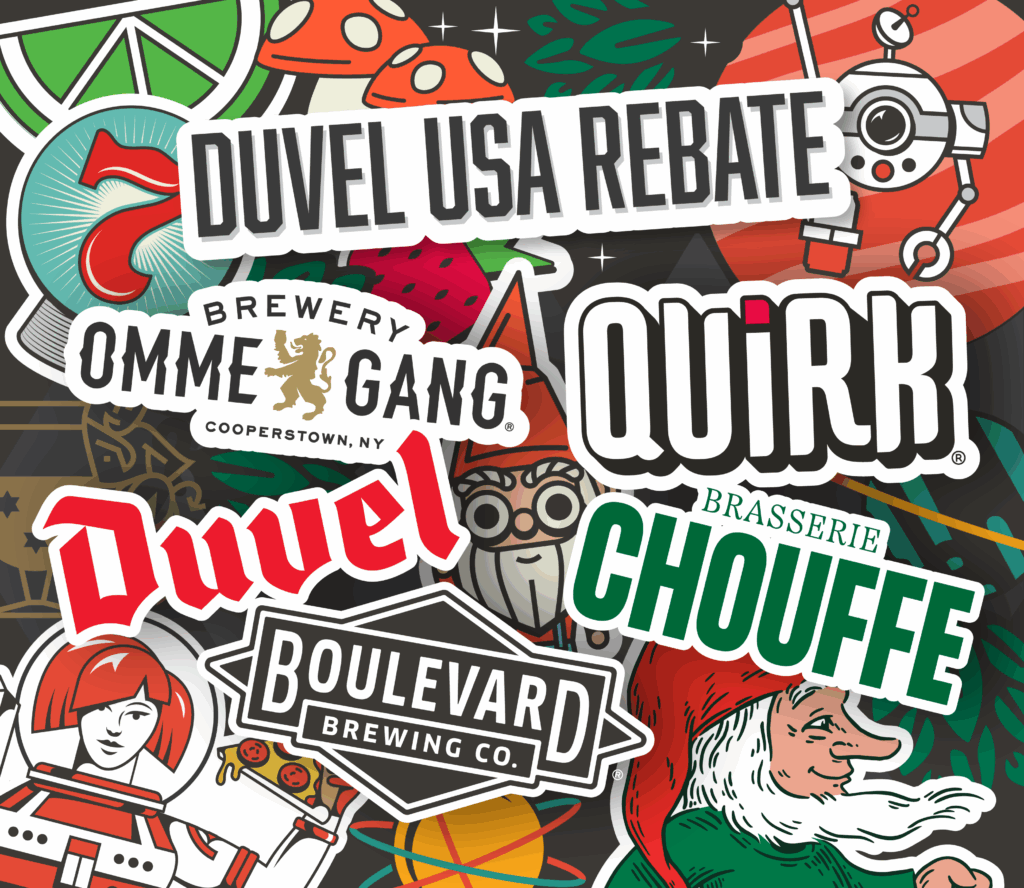 A colorful collage of brewery logos and stickers, including Duvel, Brewery Ommegang, Quirk, Boulevard Brewing Co., Brasserie Chouffe, and Duvel USA Rebates, set against playful illustrations in the background.