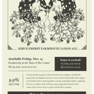 A cream and grey flyer for Westside Wilds Serviceberry Farmhouse Saison Ale featuring two mirrored women, floral designs, ale details, tasting notes, and release event info at Boulevard Brewing Co., Kansas City, MO.