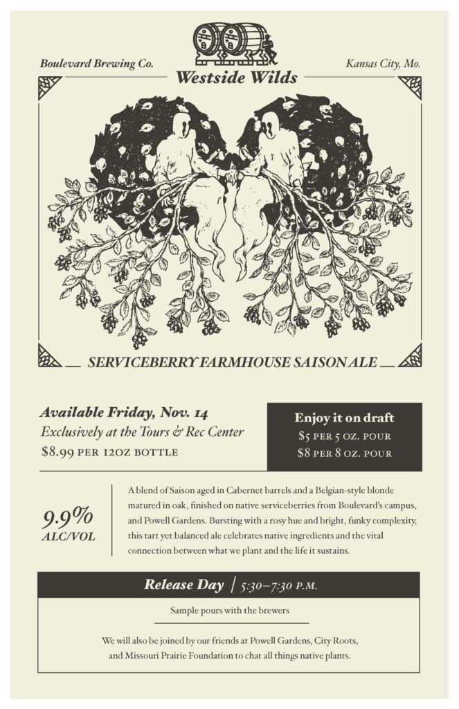 A cream and grey flyer for Westside Wilds Serviceberry Farmhouse Saison Ale featuring two mirrored women, floral designs, ale details, tasting notes, and release event info at Boulevard Brewing Co., Kansas City, MO.