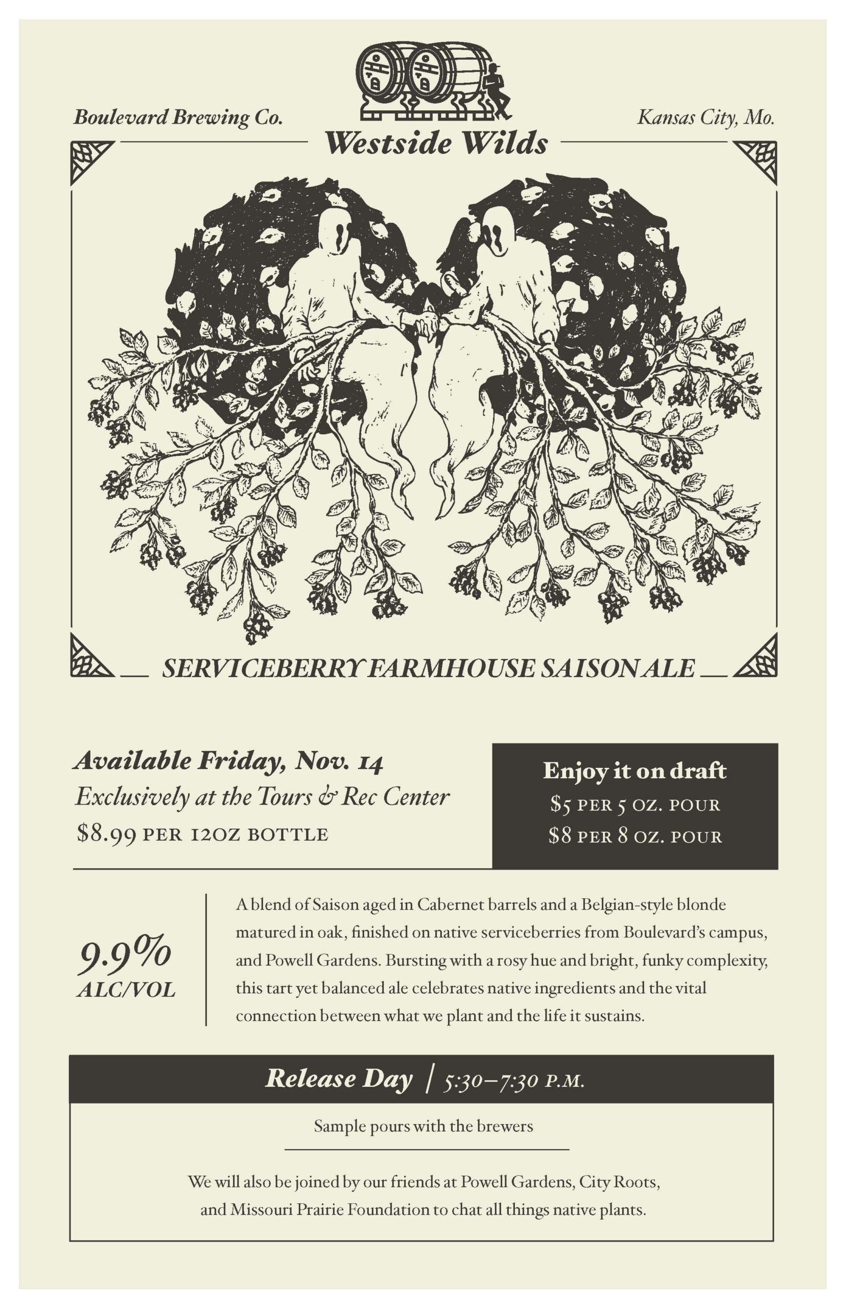 A cream and grey flyer for Westside Wilds Serviceberry Farmhouse Saison Ale featuring two mirrored women, floral designs, ale details, tasting notes, and release event info at Boulevard Brewing Co., Kansas City, MO.