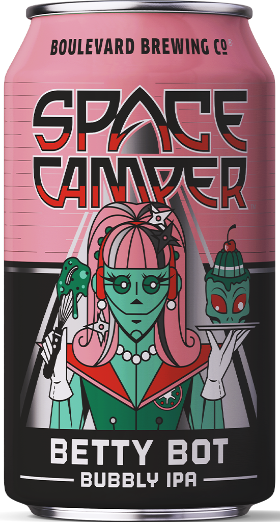 A pink and black can of Boulevard Brewing Co.'s Space Camper Betty Bot Bubbly IPA featuring a retro-futuristic robot woman holding a cupcake and an alien popsicle, with bold, stylized lettering.