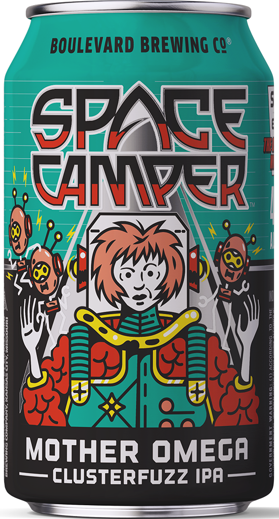 A turquoise can of Boulevard Brewing Co.’s Space Camper Mother Omega Clusterfuzz IPA, featuring comic-style art of a red-haired astronaut surrounded by small, floating robots against a sci-fi backdrop.