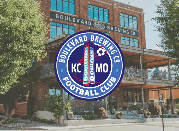 A large logo for Boulevard Brewing Co. Football Club is centered over an exterior view of the Kansas City Boulevard Brewing Company, a brick structure with greenery near the Boulevard Brewing Co. Beer Hall and Tours and Rec Center sign above the entrance.