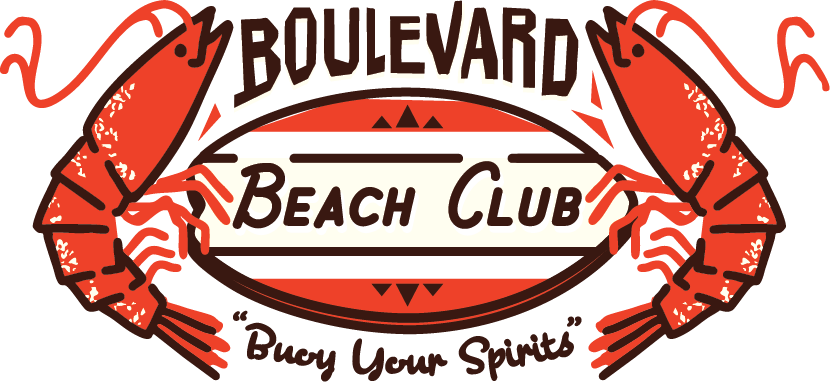 Logo for "Boolevard Beach Club" features two red shrimp framing a central oval sign with the slogan "Buoy Your Spirits" at the bottom. The design uses red, brown, and cream colors with a nautical theme.