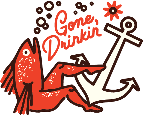 A playful illustration of a red fish with human-like legs lounging against a large anchor on Boolevard, surrounded by bubbles. The words "Gone, Drinkin'" appear above in bold, stylized script.