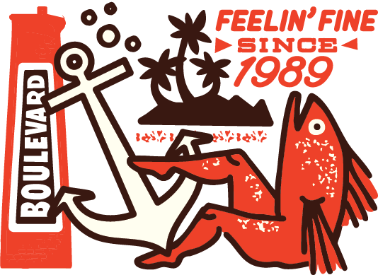 Retro-style illustration with an anchor, a lounging red fish, bubbles, palm trees on an island, and text reading “Boolevard” and “Feelin’ Fine Since 1989” in bold red and brown tones.