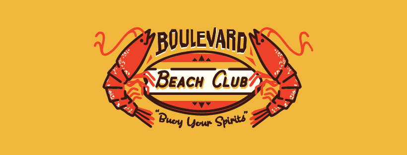 Logo for Boulevard Beach Club featuring two red shrimp on either side of a white oval. Text reads, “Boulevard Beach Club” and below in script, “Buoy your spirits,” on a yellow background.