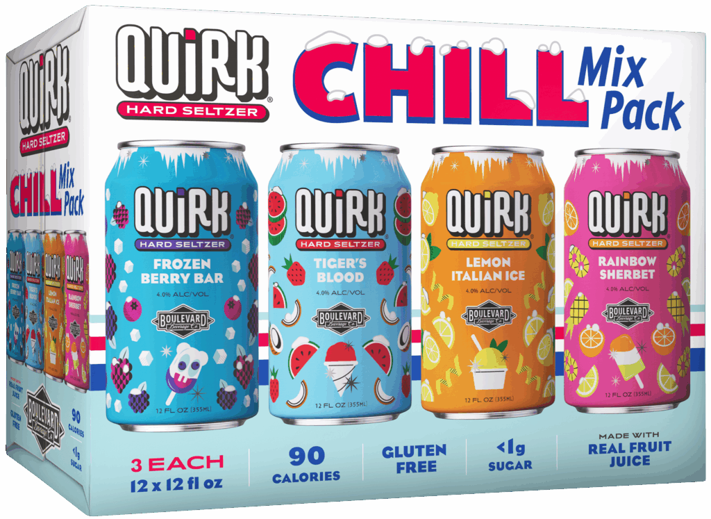 A 12-pack of Quirk Hard Seltzer CHILL Mix Pack, featuring cans of Frozen Berry Bar, Tiger’s Blood, Lemon Italian Ice, and Rainbow Sherbet flavors. The box highlights 90 calories, gluten free, and under 1g sugar.