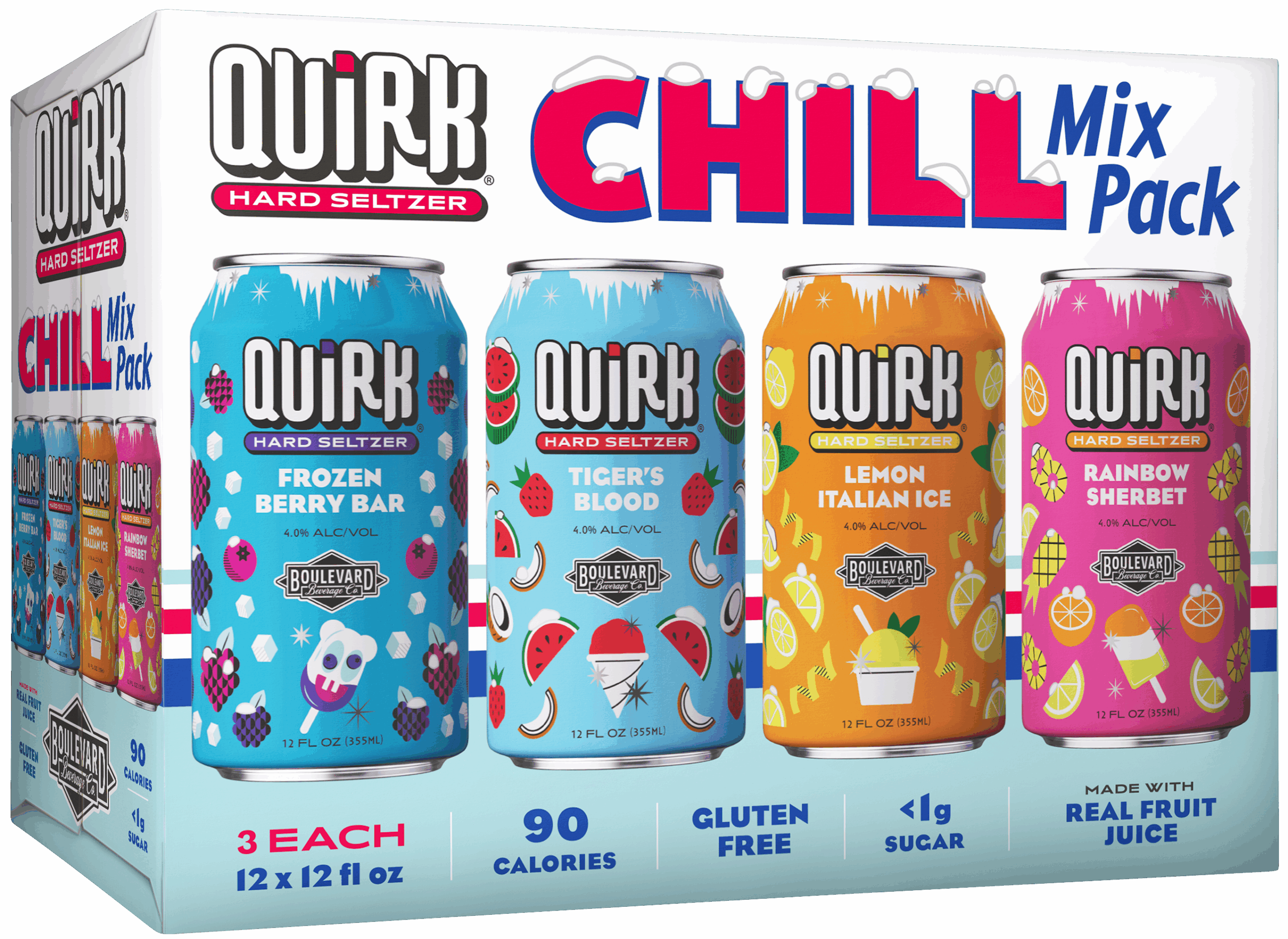 A 12-pack of Quirk Hard Seltzer CHILL Mix Pack, featuring cans of Frozen Berry Bar, Tiger’s Blood, Lemon Italian Ice, and Rainbow Sherbet flavors. The box highlights 90 calories, gluten free, and under 1g sugar.