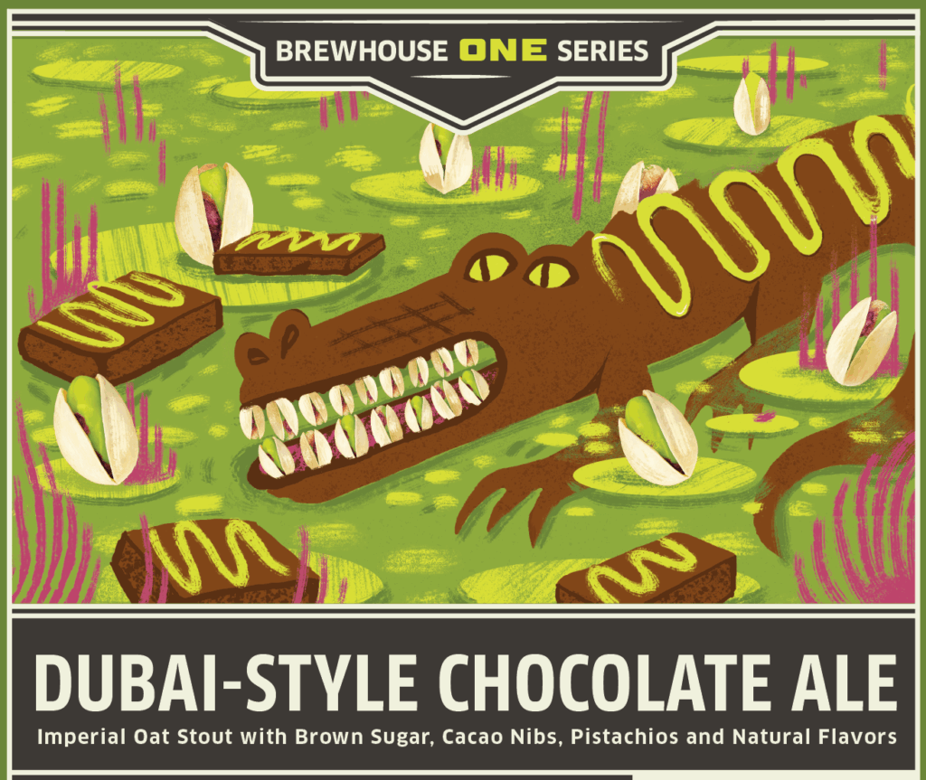 Illustration of a crocodile in green water surrounded by floating chocolate bars and pistachio shells. Text at bottom reads: "Dubai-Style Chocolate Ale" by Brewhouse One, featuring unique ale ingredients.