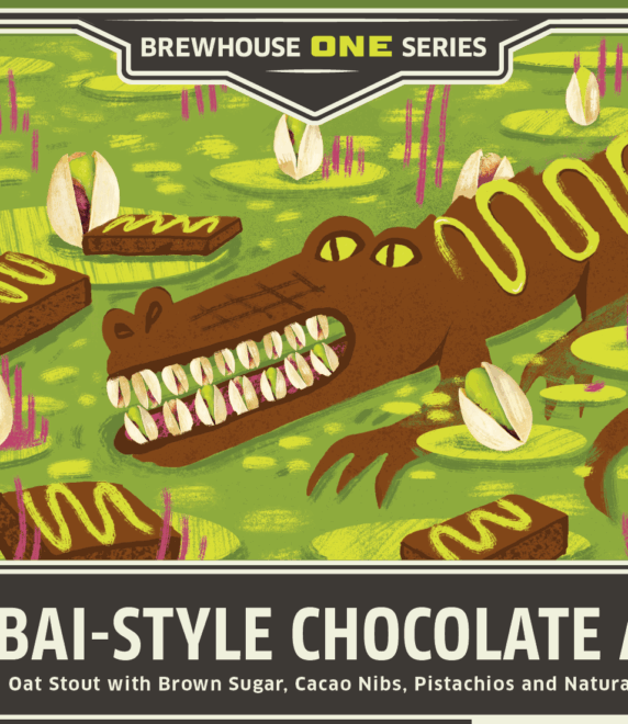 Illustration of a crocodile in green water surrounded by floating chocolate bars and pistachio shells. Text at bottom reads: "Dubai-Style Chocolate Ale" by Brewhouse One, featuring unique ale ingredients.