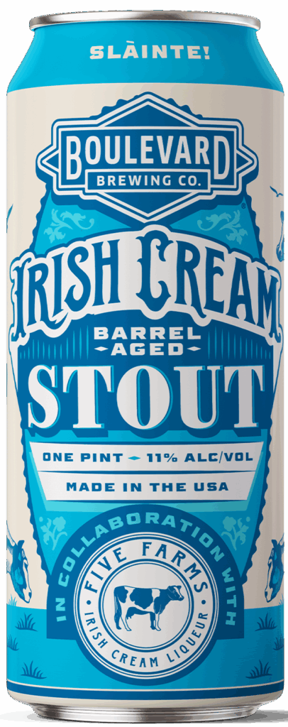 A tall can of Boulevard Brewing Co. Irish Cream Barrel Aged Stout with blue and cream colors, featuring a cow illustration and text highlighting collaboration with Five Farms and 11% alcohol content.