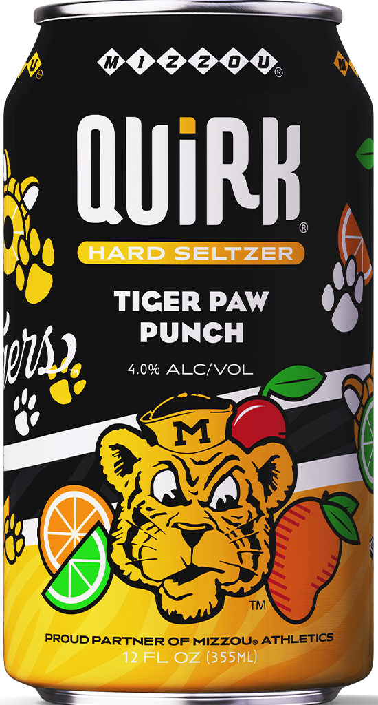A can of Quirk Hard Seltzer, Tiger Paw Punch flavor, featuring fruit illustrations and a tiger mascot wearing an "M" hat. The can displays "Mizzou" branding and is labeled as 4.0% alcohol by volume.
