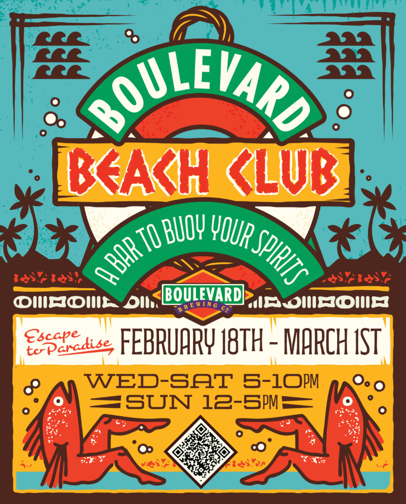 Colorful poster for “Boulevard Beach Club,” featuring tropical motifs, palm trees, and drinks. Text lists event dates: Feb 18–Mar 1, Wed–Sat 5–10PM, Sun 12–5PM. Slogan: “A Bar to Buoy Your Spirits.”.