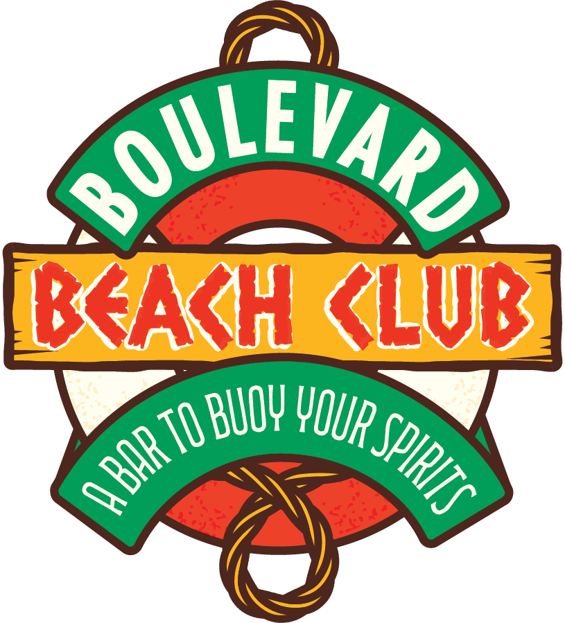 Logo for "Boolevard Beach Club" with a lifebuoy and rope design. The text reads “Boolevard Beach Club” and “A Bar to Buoy Your Spirits” in bold, colorful fonts.