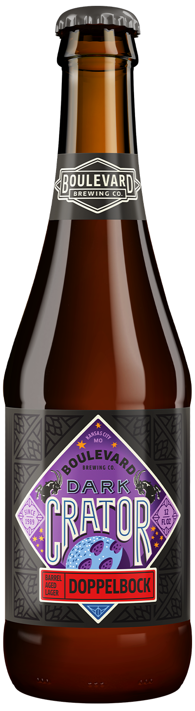 A brown glass beer bottle with a black cap, featuring a purple, diamond-shaped label reading "Dark Crator Doppelbock" from Boulevard Brewing Co. The label includes moon and crater graphics.