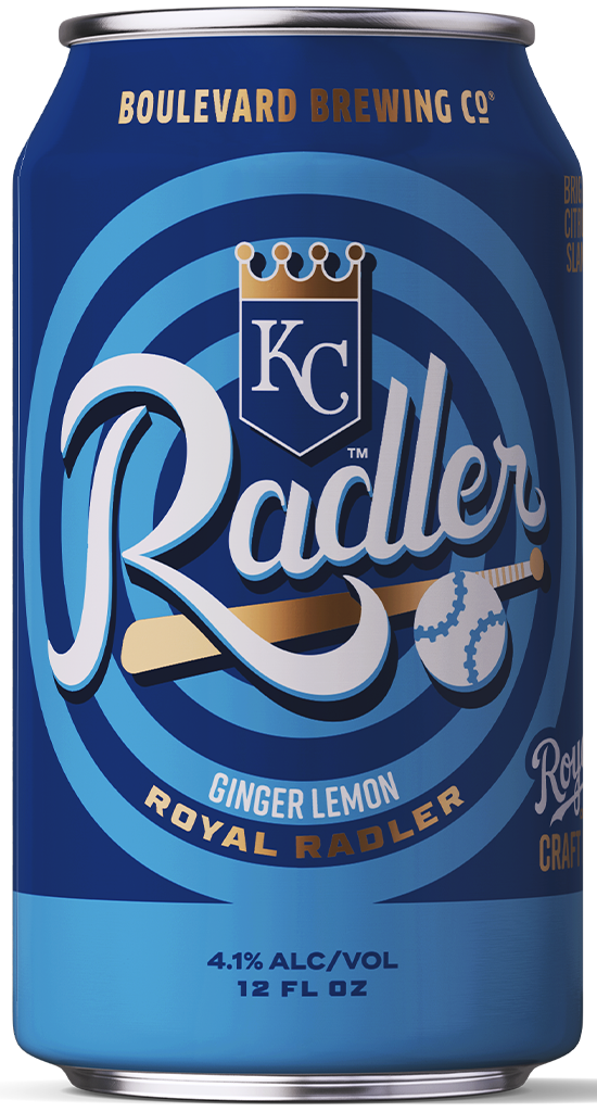 A blue can of Boulevard Brewing Co. Royal Radler, featuring the Kansas City Royals logo, with "Radler" in large script and "Ginger Lemon" flavor noted below. The can is 12 fl oz and has 4.1% alcohol by volume.