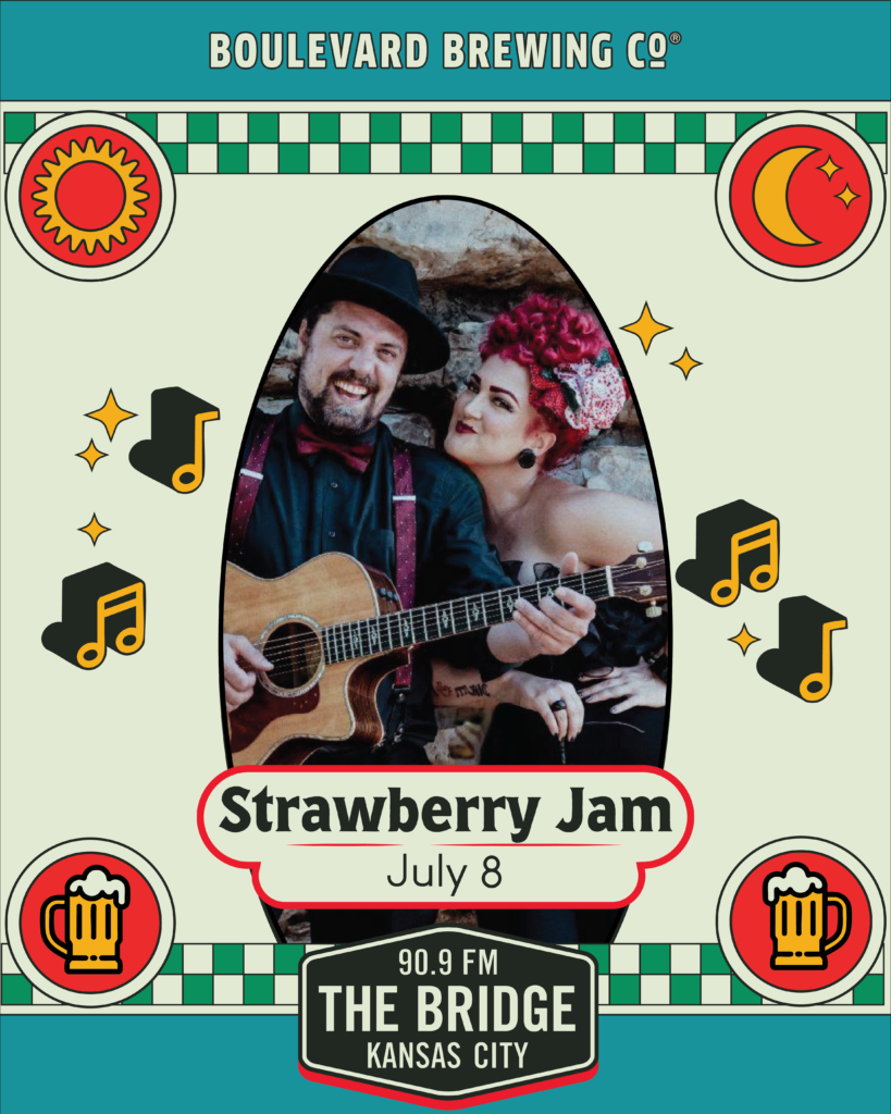 A man with a guitar and a woman with bright red hair smile together. Text: "Strawberry Jam, July 8. The Early Show." Boulevard Brewing Co. and 90.9 FM The Bridge Kansas City logos. Musical notes and beer mug icons decorate the poster.