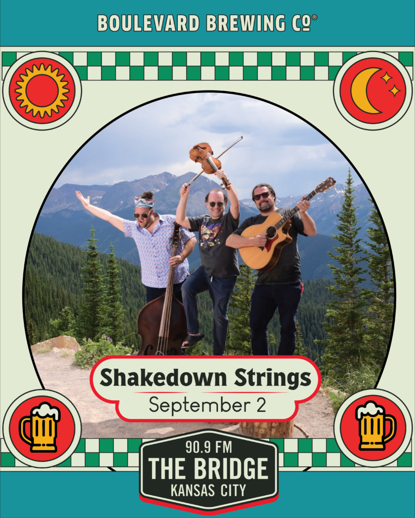 Three musicians with string instruments pose outdoors on a mountain, surrounded by promotional graphics for an early show Shakedown Strings concert on September 2, presented by Boulevard Brewing Co. and 90.9 FM The Bridge Kansas City.