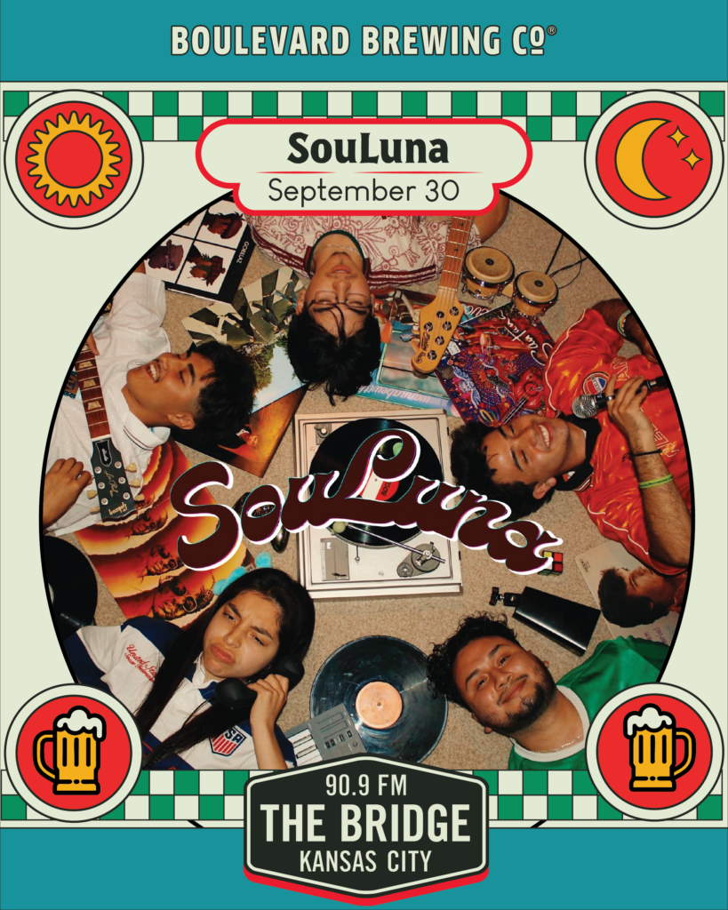Five people lie in a circle on the floor with musical instruments and equipment. Text reads “SouLuna September 30” and “90.9 FM THE BRIDGE KANSAS CITY.” Borders feature beer, sun, and moon icons with “Boulevard Brewing Co.” at the top. This image promotes the early show you won’t want to miss.