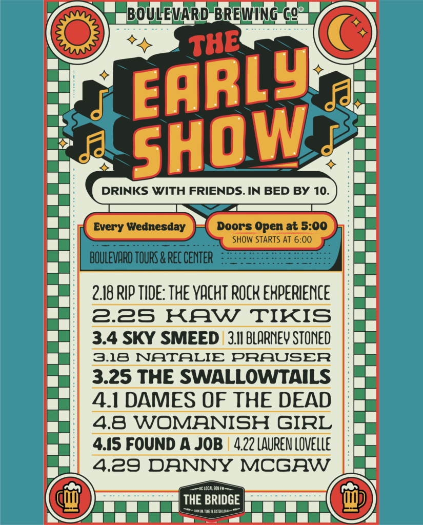 Colorful poster for "The Early Show" at Boulevard Tours & Rec Center, listing weekly music acts from 2/18 to 4/29. Celebrate music with retro patterns, stars, and notes—doors open at 5 p.m., the early show starts at 6 p.m.