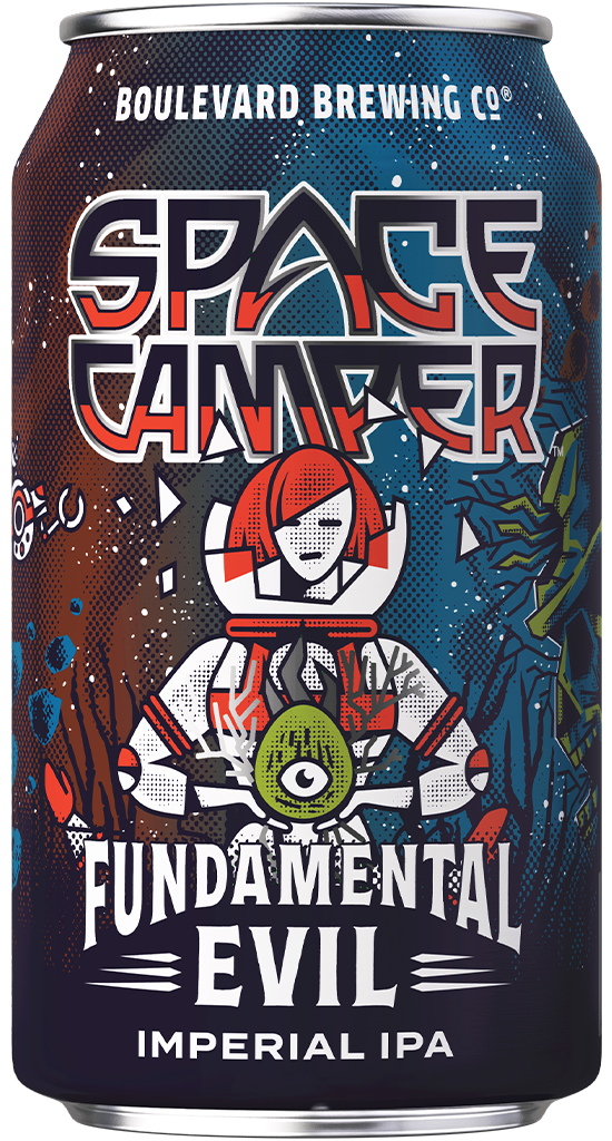 A can of Boulevard Brewing Co.'s Space Camper Fundamental Evil Imperial IPA, featuring a stylized astronaut with red hair, a green eye symbol, and cosmic, illustrated background elements in blue and orange tones.