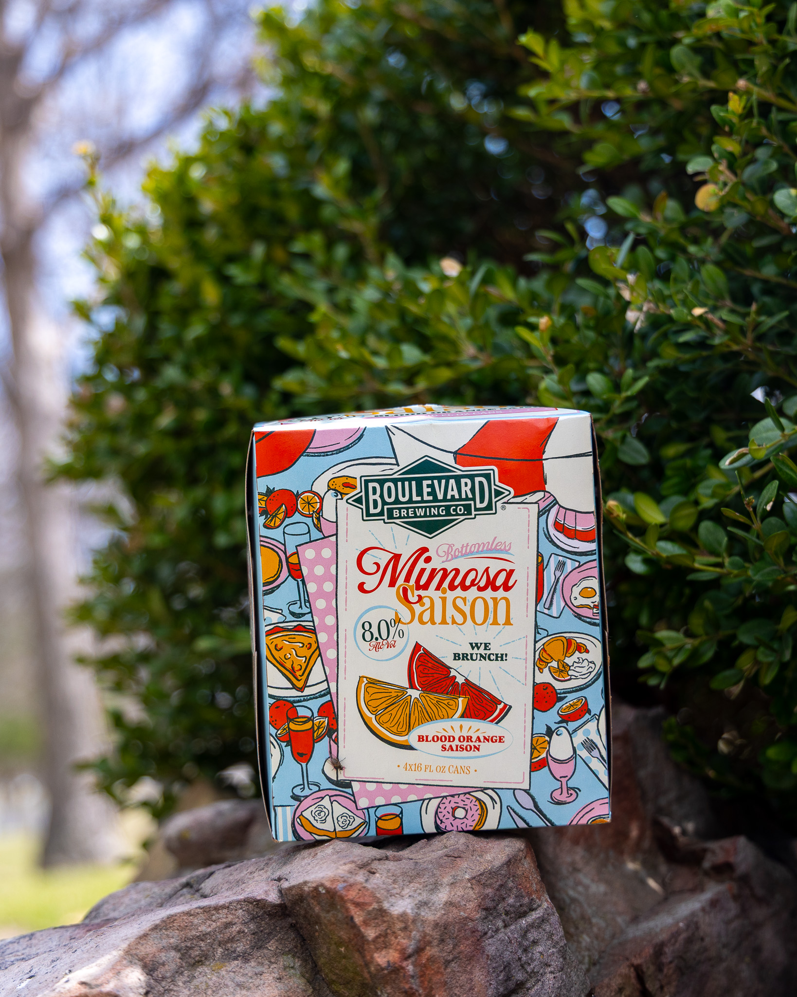 A colorful six-pack box of Boulevard Brewing Co. Brunch Series Mimosa Saison beer sits on rocks in front of green bushes, outdoors in natural daylight. The box features bright fruit and drink illustrations.