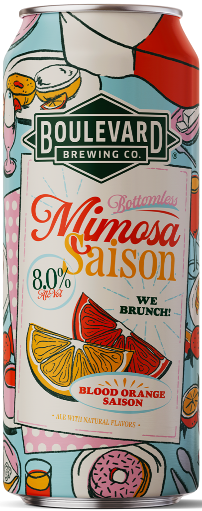 A colorful can of Boulevard Brewing Co. Bottomless Mimosa Saison features illustrations of brunch foods, a sliced orange, and text highlighting it as a blood orange saison with 8% ABV and natural flavors.