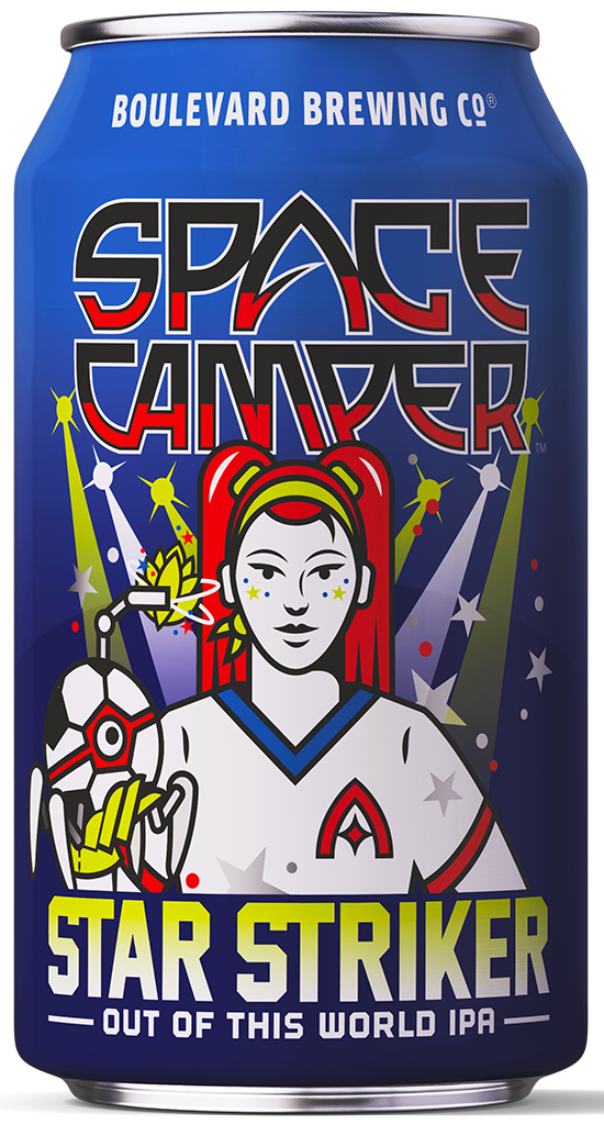 A blue beer can labeled "Boulevard Brewing Co. Space Camper Star Striker Out of This World IPA" features a cartoon woman in futuristic attire holding a soccer ball, with stars and beams in the background.