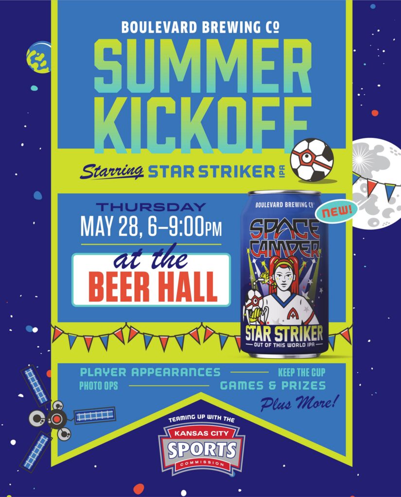 Event poster for Boulevard Brewing Co's Summer Kickoff featuring Star Striker IPA on May 28, 6–9 PM at the Beer Hall. Includes can image, sports theme, and mentions games, prizes, and KC Sports Commission.