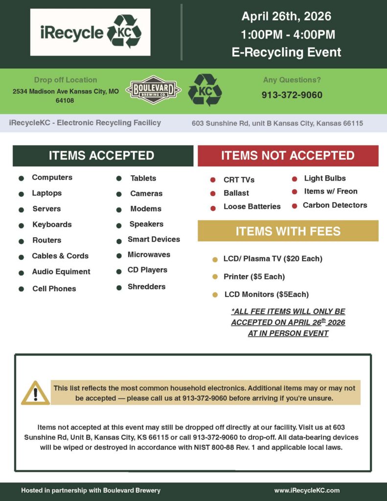 Flyer for a KC recycling and e-recycling event on April 26, 2026, with lists of accepted and not accepted items, TV recycling fees, drop-off location details, contact info, and a safety disclaimer at the bottom.