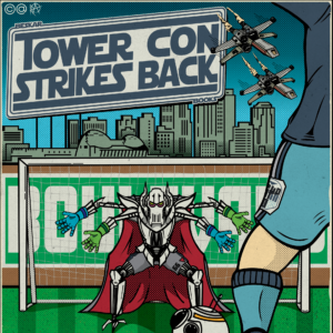 Comic-style poster features a robot goalie with a red cape and a soccer ball robot, facing off against a kicker. "Tower Con Strikes Back" headlines the event, set for May 17th, 2026 at Boulevard's Tour & Rec Center.