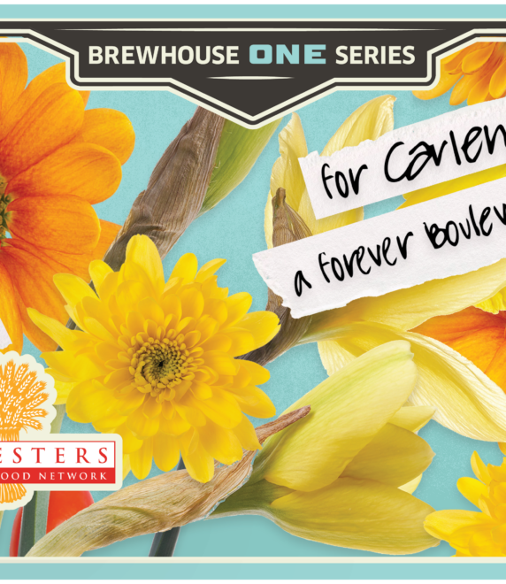 A colorful floral graphic with yellow and orange flowers, labeled "Brewhouse One Series." Text reads: "for Carlene, a forever boulevardian," "benefits." Features the Harvesters Community Food Network logo. Perfect for fans of Brewhouse One.