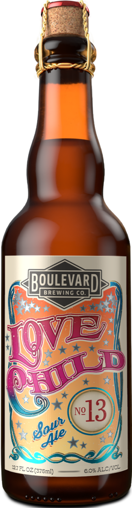 A brown glass bottle of Boulevard Brewing Co. Love Child No. 13 Sour Ale, featuring a colorful, whimsical label with stars and swirls. The label indicates the beer is 6% ABV and the bottle holds 12.7 fl oz (375ml).