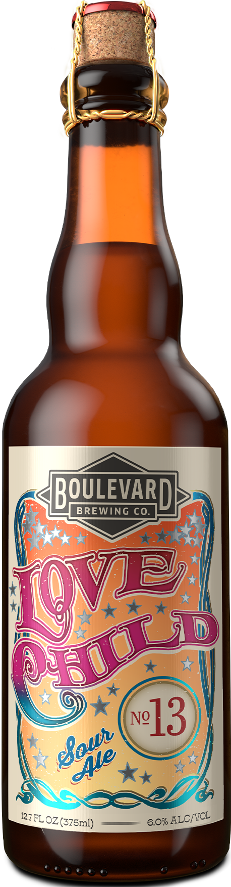 A brown glass bottle of Boulevard Brewing Co. Love Child No. 13 Sour Ale, featuring a colorful, whimsical label with stars and swirls. The label indicates the beer is 6% ABV and the bottle holds 12.7 fl oz (375ml).