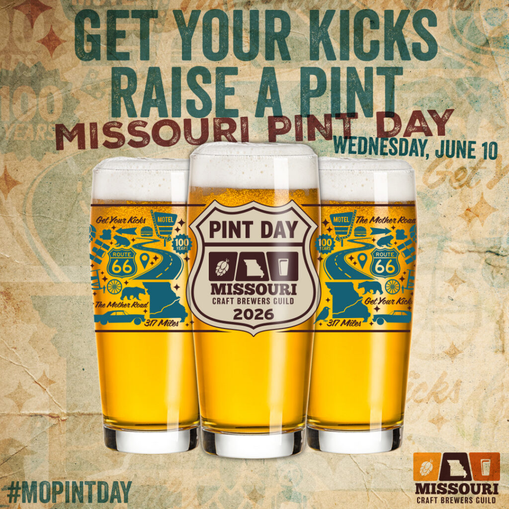 Three beer glasses featuring Route 66 and Missouri Pint Day designs sit topped with foam. The text highlights missouri pint day, celebrated Wednesday, June 10, by the Missouri Craft Brewers Guild. #MOPINTDAY appears at the bottom.