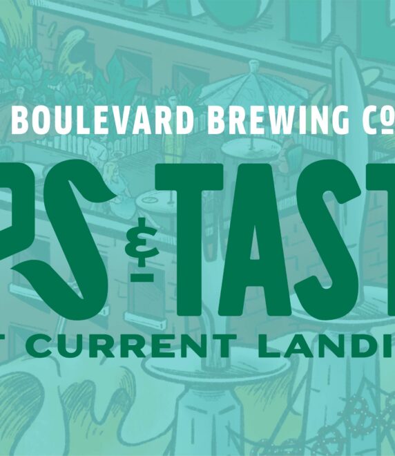 Green text reads "Boulevard Brewing Co. Taps & Tastes at Current Landing" over a faint illustrated background showing beer taps, glasses, and brewery-related images.