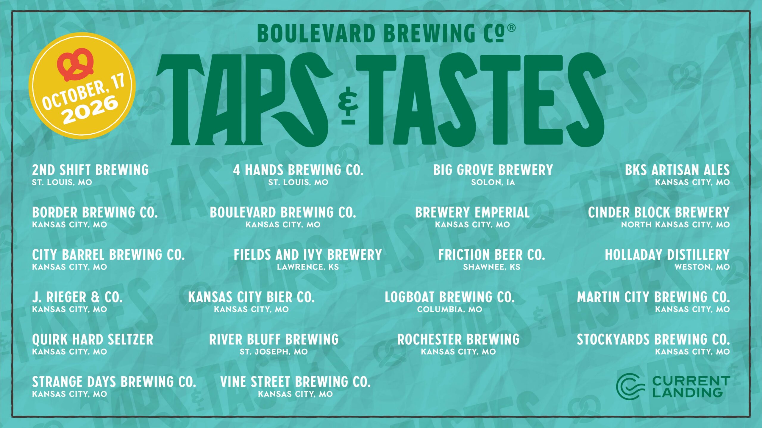 Event poster for Boulevard Brewing Co.’s “Taps & Tastes” on October 17, 2026, featuring the taps and tastes of participating breweries and sponsors showcased on a teal background with yellow and white text.
