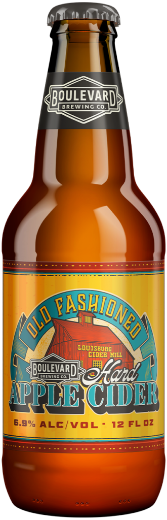 A 12 fl oz bottle of Boulevard Brewing Co. Old Fashioned Hard Apple Cider with a colorful, vintage-style label. The cider contains 6.9% alcohol by volume.