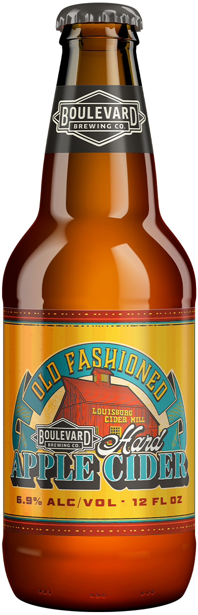 A 12 fl oz bottle of Boulevard Brewing Co. Old Fashioned Hard Apple Cider with a colorful, vintage-style label. The cider contains 6.9% alcohol by volume.