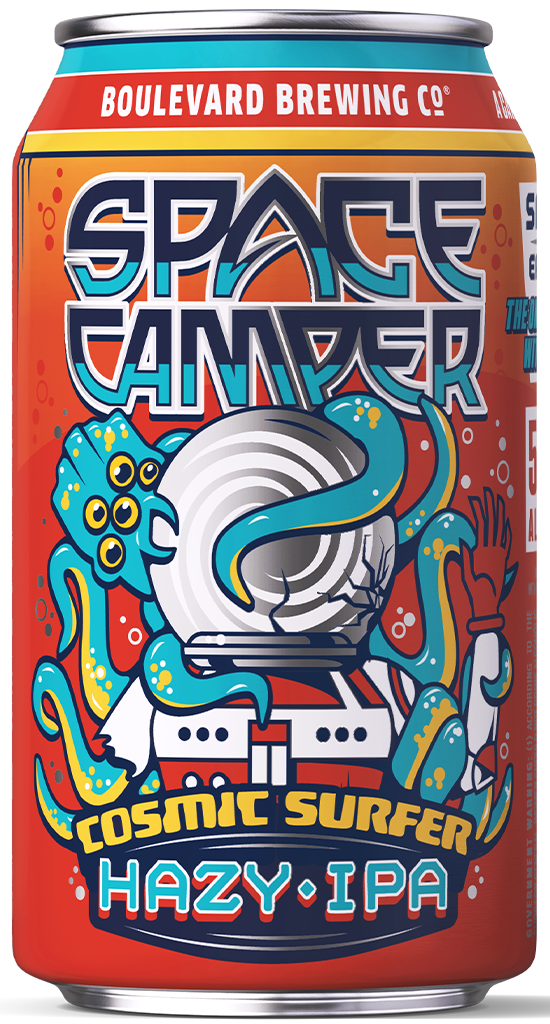 A vibrant can of Boulevard Brewing Co.'s Space Camper Cosmic Surfer Hazy IPA, featuring an astronaut grappled by a cartoonish green tentacled creature on an orange background with bold, futuristic text.