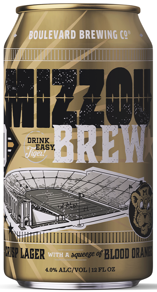 A gold can of Boulevard Brewing Co.’s Mizzou Brew crisp lager features illustrations of a stadium, a tiger mascot, and text highlighting its blood orange flavor.