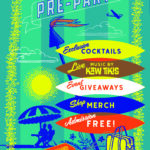 Colorful poster for The Lei Away Pre-Party event with surfboards listing cocktails, live music, giveaways, merch, free admission, and event details. Tropical beach theme with palm trees, suitcase, and airplane.